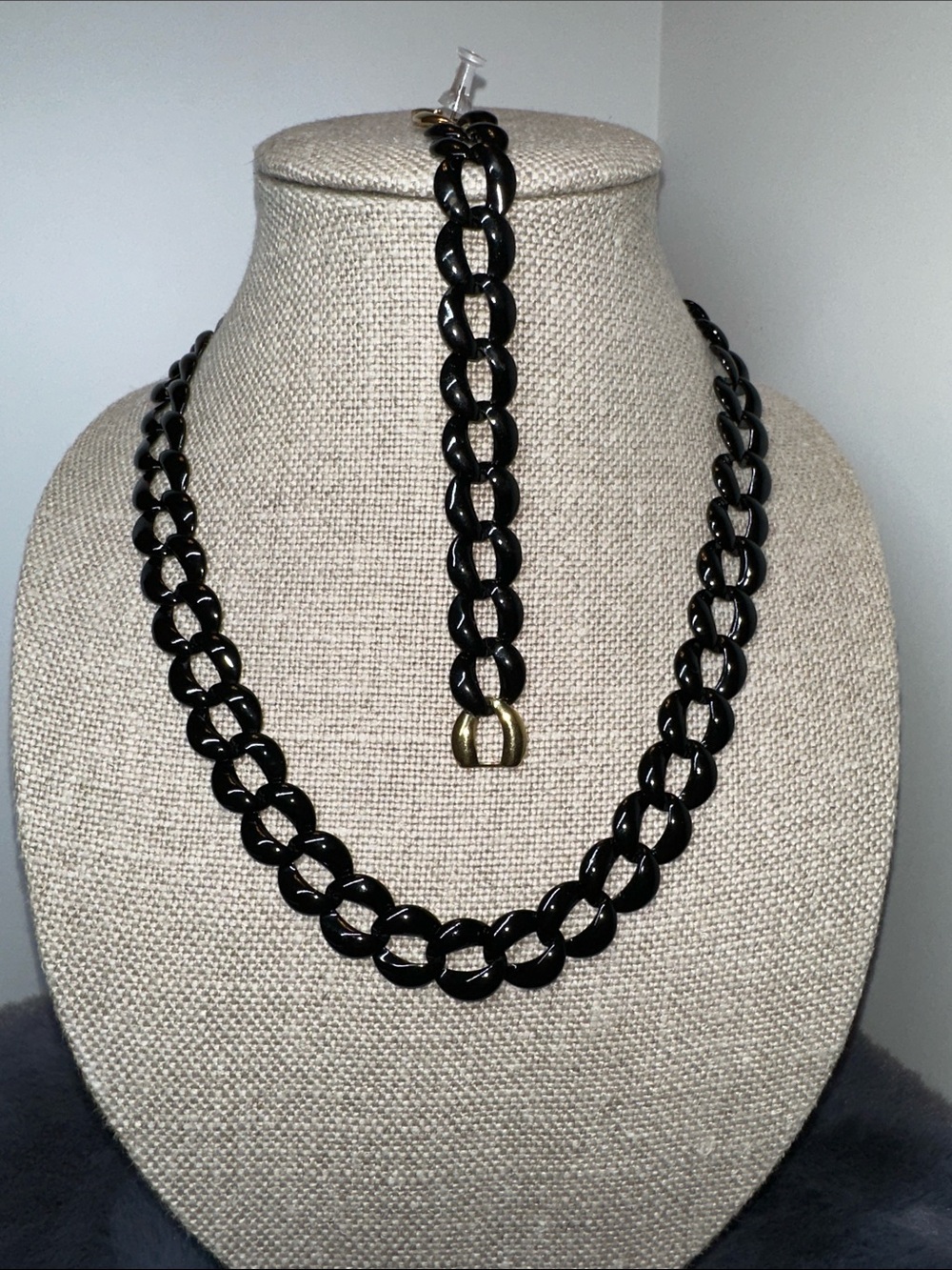 Napier Black Gloss Link Necklace with Gold Accent